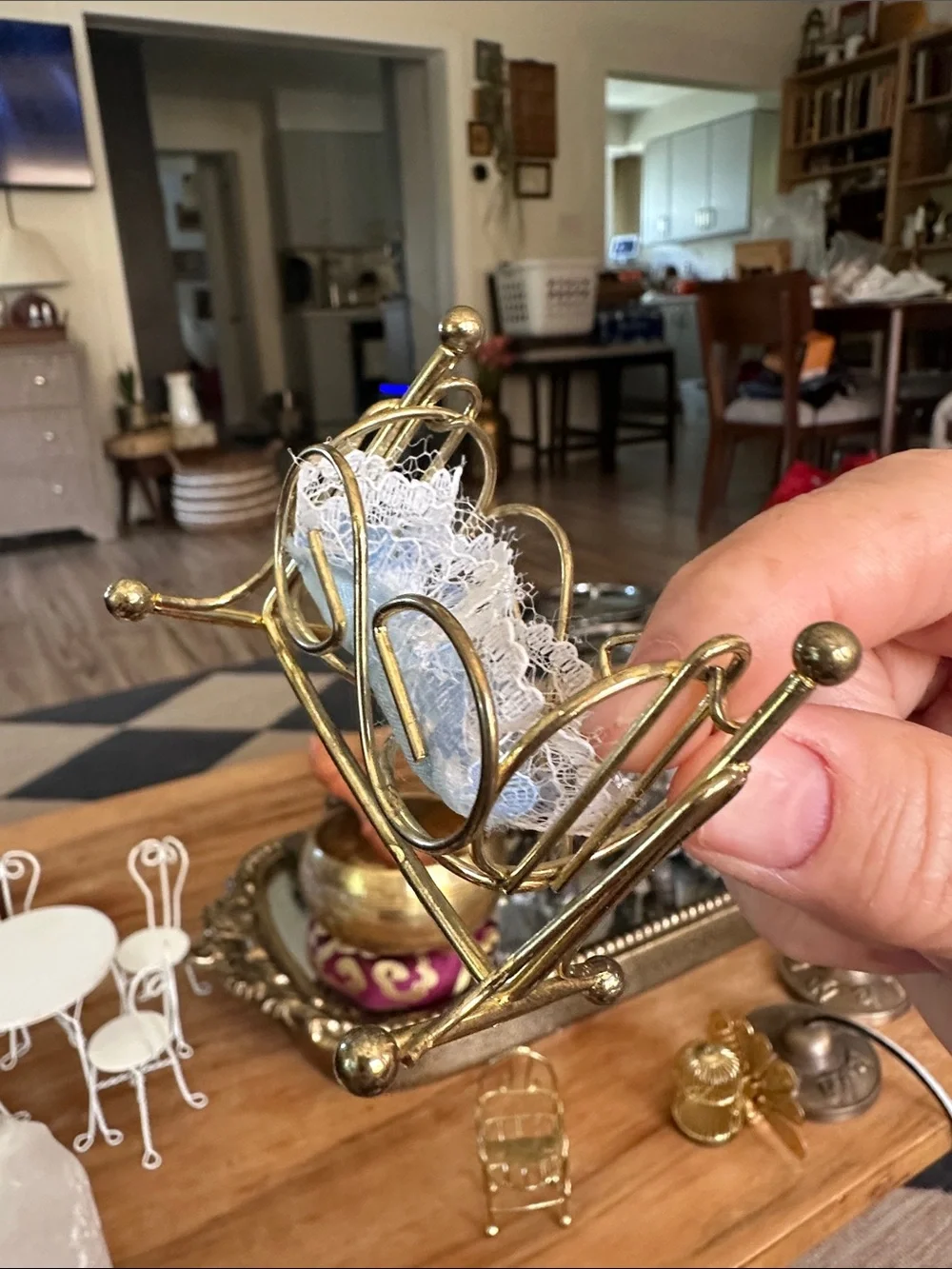 Brass Miniature Doll bassinet and high chair Set